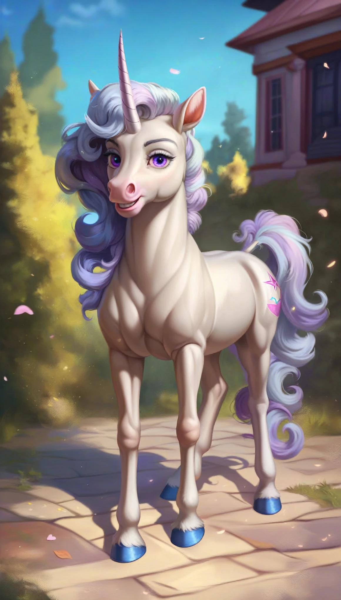 score_s, score_l, score_h, score_xlunicorn, Very photorealistic,full body,grey horse,A single sharp horn grows on his forehead,Illusory scenery, Dreamy