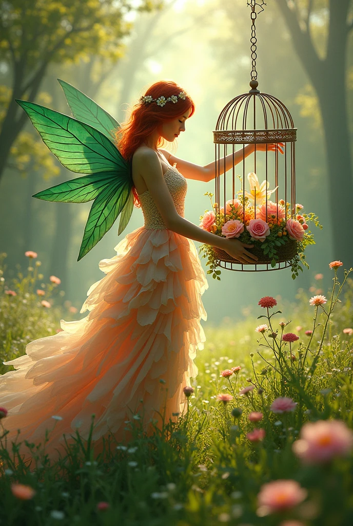 ada with a flower cage In the south with a red hair with a dress made of a flower Green wings grass weddings 
