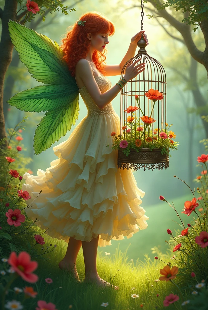 ada with a flower cage In the south with a red hair with a dress made of a flower Green wings grass weddings 
