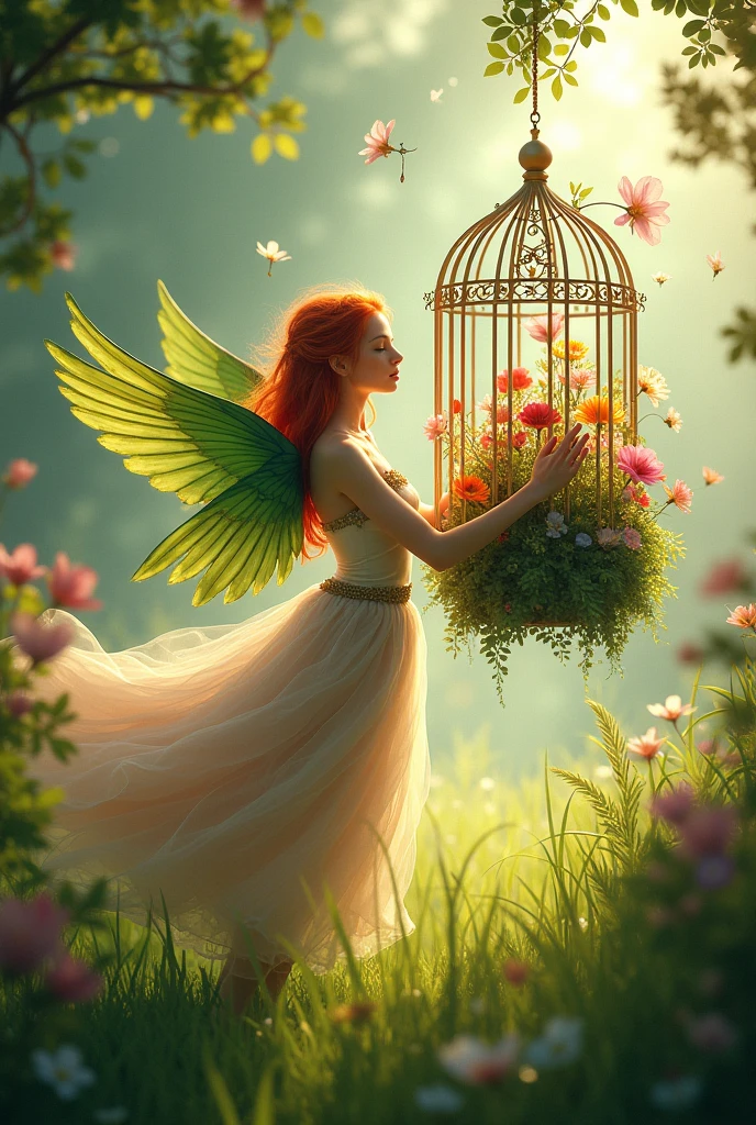 ada with a flower cage In the south with a red hair with a dress made of a flower Green wings grass weddings