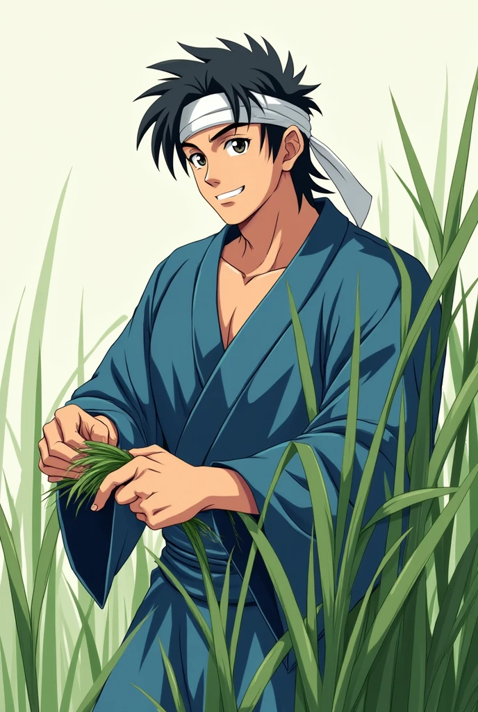 anime、whole body、male、Around 40 years old、Muscular build、Square face、Round Nose、short hair、No bangs、Black Hair、Blue Jinbei、White headband、Pulling a big piece of grass with both hands