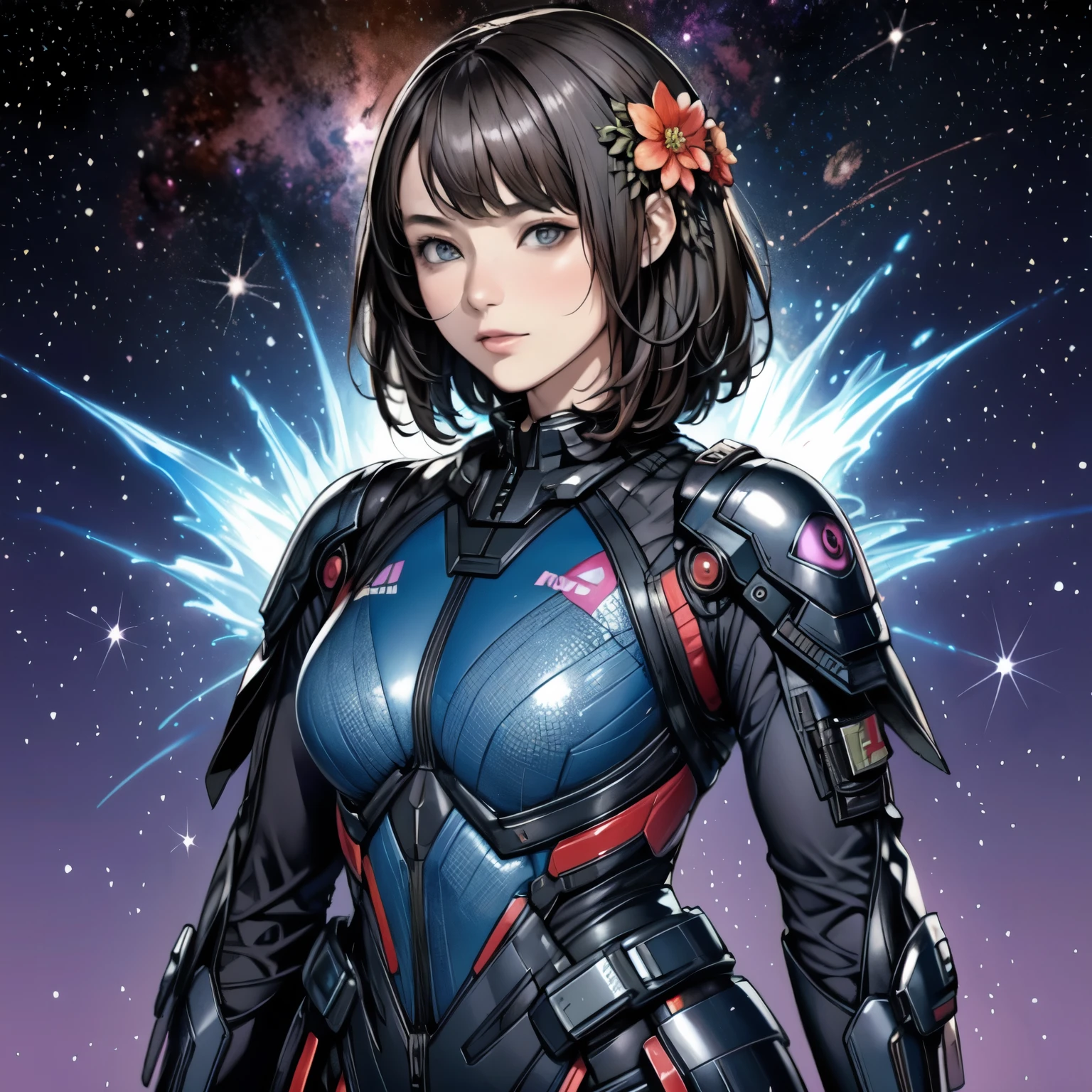 278 (20-year-old woman,short hair) , flower, Futuristic clothing, machinery suit, (The background is a galaxy and nebula)