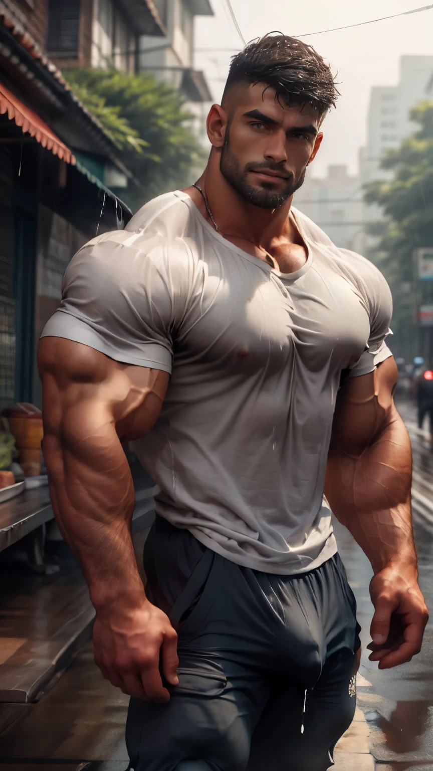 Close up focus on Head to thights view, 30 years old man in wetty fitted tee shirt and joggers, bandhoiz beard man standing on road in rai, rain drops dripping on body, and showing wetty hairy chest wetty bulge indian perfect bulge in pant, masterpiece, seductive
