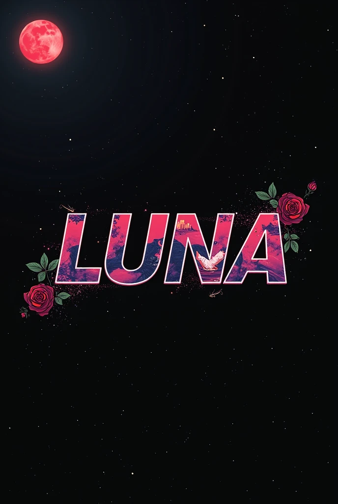 High resolution, logo spelling swiftly “Luna” cool, Jdm theme, anime theme, Cyberpunk vibe name spelling, brand logo, logo for tshirt, brand logo “LUNA”, neon vibes, acid trip vibes, acid trip, shooting stars, acid trip inside “LUNA”, acid trip, hallucinations inside “LUNA”, Waves of hallucinations, stars in the background, red strange moon, red roses with green leaves, blood moon, 