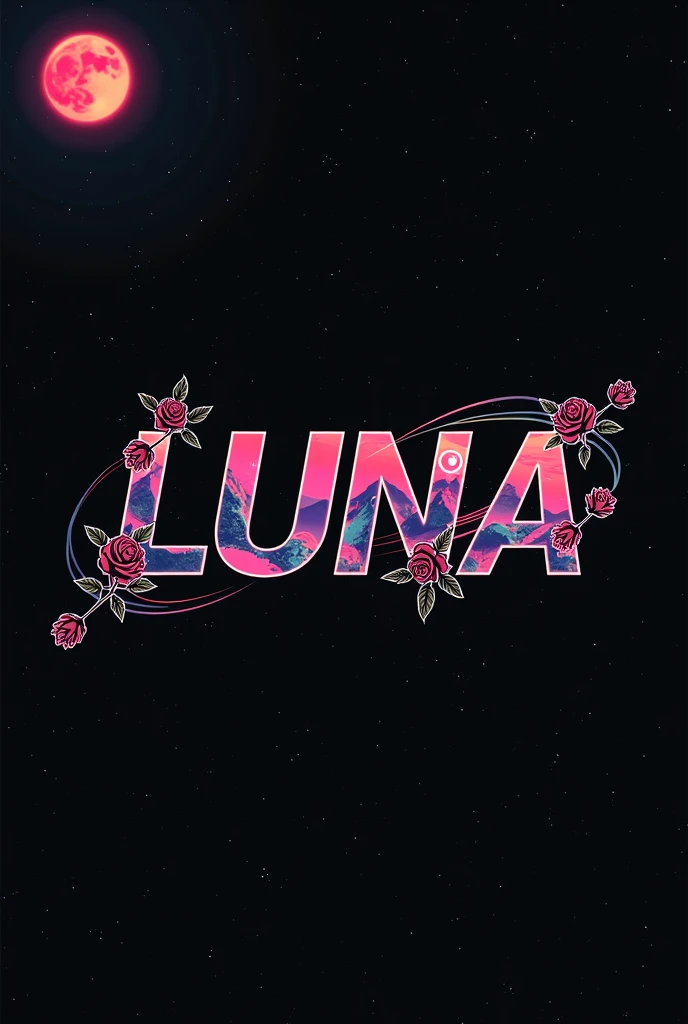 High resolution, logo spelling swiftly “Luna” cool, Jdm theme, anime theme, Cyberpunk vibe name spelling, brand logo, logo for tshirt, brand logo “LUNA”, neon vibes, acid trip vibes, acid trip, shooting stars, acid trip inside “LUNA”, acid trip, hallucinations inside “LUNA”, Waves of hallucinations, stars in the background, red strange moon, red roses with green leaves, blood moon,