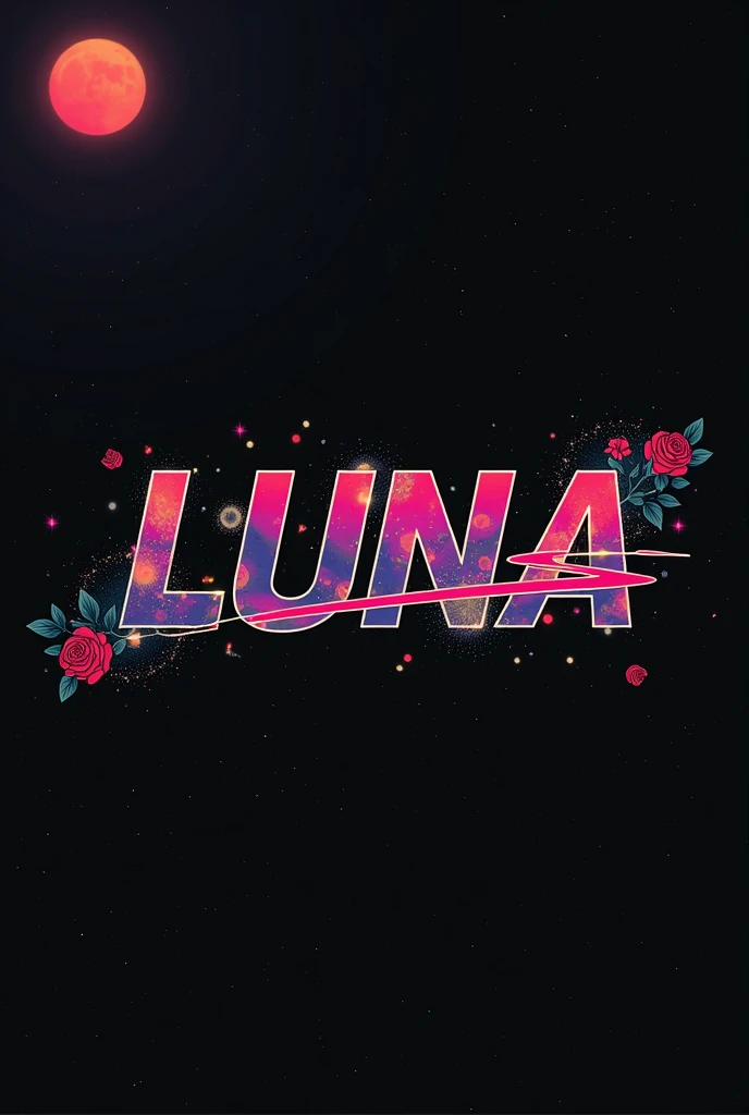 High resolution, logo spelling swiftly “Luna” cool, Jdm theme, anime theme, Cyberpunk vibe name spelling, brand logo, logo for tshirt, brand logo “LUNA”, neon vibes, acid trip vibes, acid trip, shooting stars, acid trip inside “LUNA”, acid trip, hallucinations inside “LUNA”, Waves of hallucinations, stars in the background, red strange moon, red roses with green leaves, blood moon, 