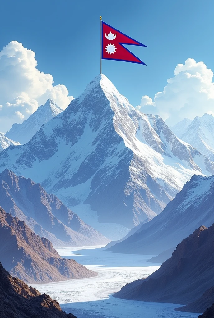 please generate the photo having Mt.Everest in the background and in the top of that there Nepal's flag and at the base the identifying symbols of Nepal