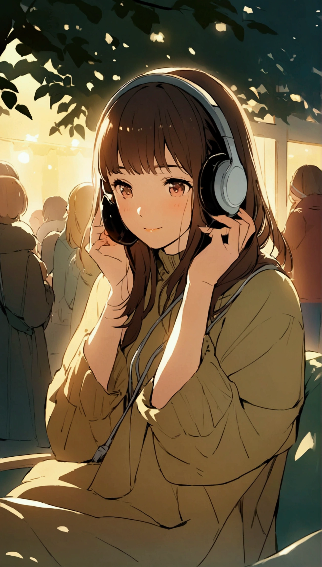 For the image, You could also feature a stylized illustration or a photo of a girl enjoying music., Put on your headphones, Soft lighting and a tranquil outdoor atmosphere、Surrounded by a calm atmosphere.