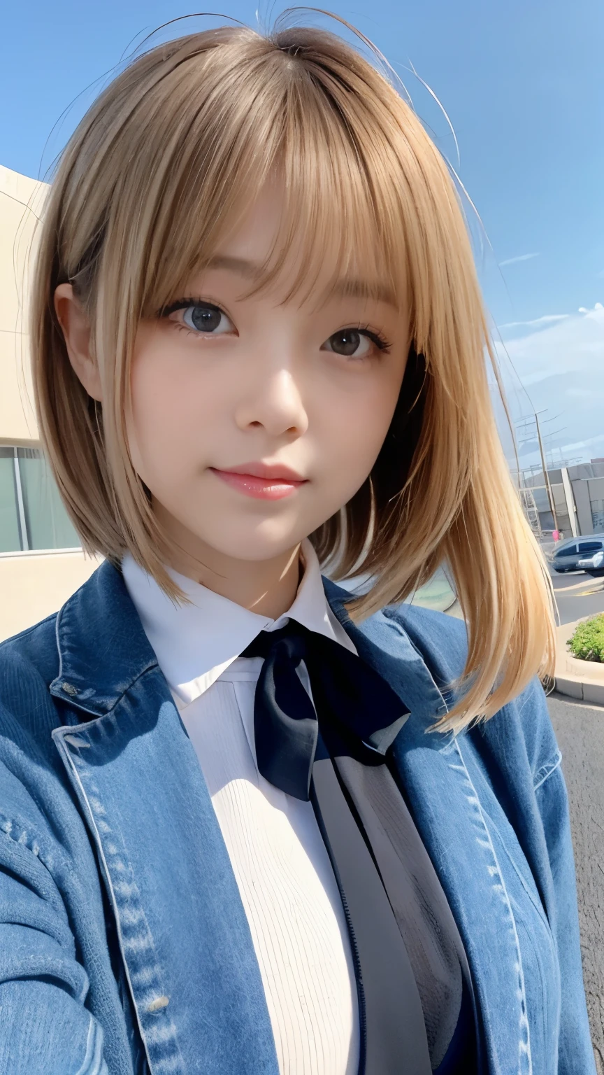 Sexy Big 、Sexy and cute looks and cute beautiful girl, Beautiful and sexy face、A strong wind blows my hair in front of my face、Cute short hair blonde, Sexy eyes hidden by long bangs.、Cute ribbon
