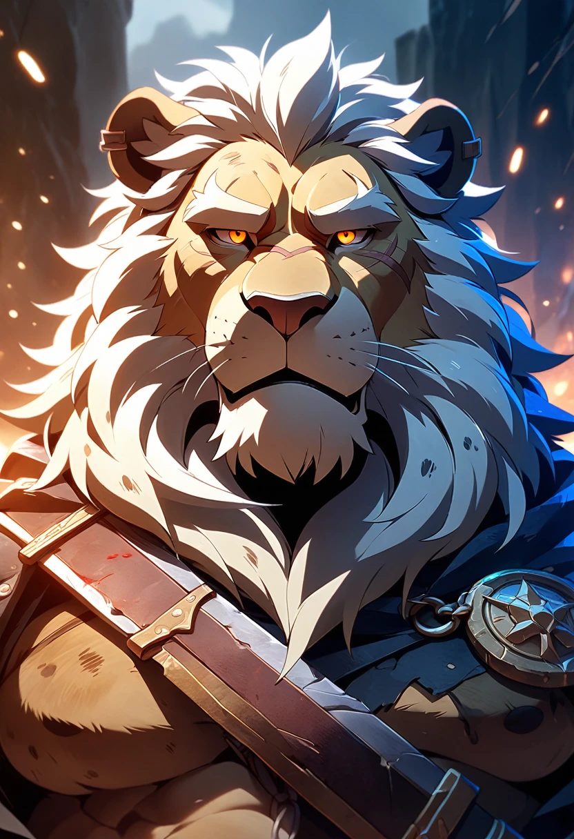 A commander, male,40 years old,Grandpa, solitary, ((Round Face, The face is plump,Orange eyes, scars)), ((Endomorph, Handsome,Hot Blood)), (broken armour,red cape, holding a sword, No electricity,exhaustion), ((domestic lion, white lion, commander lion) Fluffy fur, Fluffy), Bokeh, (high quality, high resolution, masterpiece), (Dynamic Lighting, Vibrant color), (Revitalize,harm,Disdain), Full body picture, cartoon, author:Takemoto Arashi, From zixiong, By Chunni, author:Empty Ghost,(background:Battlefield)(by bontiage:1), ultra-detailed, portrait, cinematic lighting, dramatic shadows, moody lighting, gritty, rugged, muscular, grease stained, dirty, mucky, greasy, rough, mature, intense expression, piercing gaze.