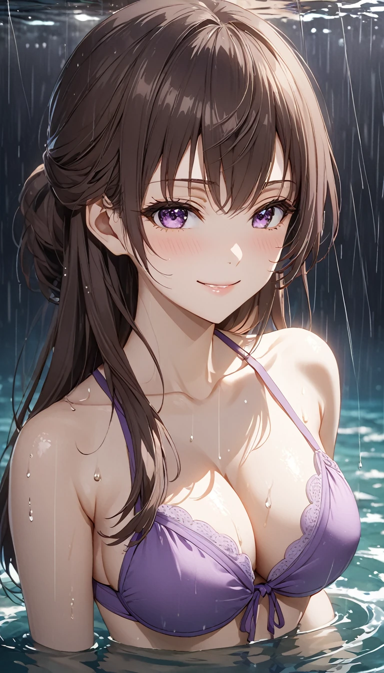 Detailed work, best quality, 4K clarity, Realistic lighting and shadows, Anime, background, in the sea, จากซีรีย์ Alya Sometimes Hides Her Feelings in Russian, Suou Yuki, long brown hair, purple eyes, ตาแบบAnime, B cup breasts, Purple Bikini, Heavy rain, smiling