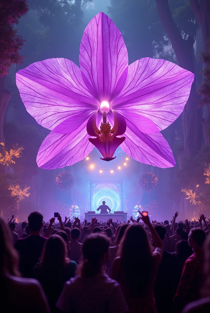 rave party stage shaped like a giant purple orchid in a magical world where people celebrate life by dancing and smiling, the stage has a dj playing and people are happy and excited, has about 500 people