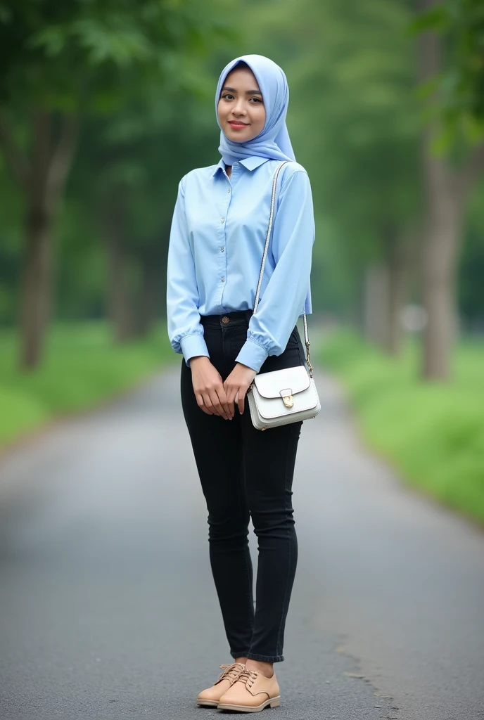 A beautiful young Indonesian woman in a hijab light blue, wearing a light blue shirt, black jeans , and a white purse, light brown shoes is standing facing the viewer on the paved road. ((Full Body Professional Gemoy)) and the background was a blurry image of trees and grass. The style is realistic and the images are sharp and well-lit.(( Full-body close-up photos))