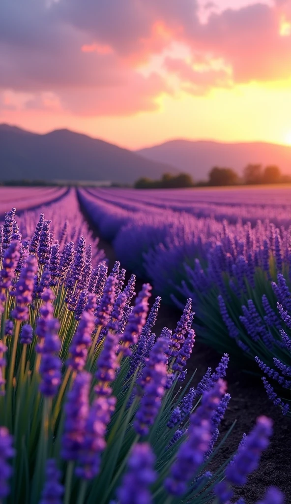 "Create an ultra-realistic image of a lavender field in full bloom at sunset. The rows of lavender should stretch to the horizon, with vibrant purple flowers and lush green leaves. The sky in the background should display a warm color palette., including oranges, pinks and purples, reflecting the light of the setting sun. Also include a gentle breeze visible in the ripples of the flowers.."