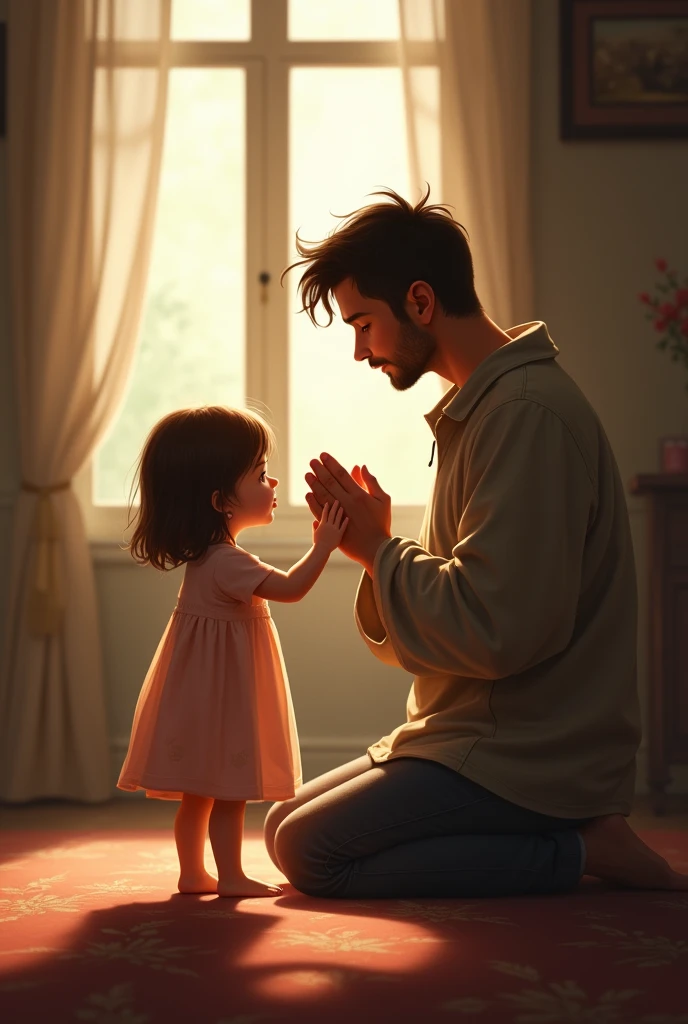 A beautiful one-year-old girl with brown hair, almost thin, and her young father praying