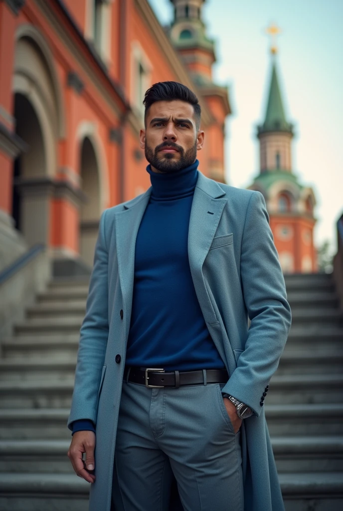 (masterpiece), фото full length стоящего на лестнице русского мужчины, Medium height, 35 years, stands on the stairs in front of the hotel door, black hair, Sports figure, broad shoulders, short hair, a neat stylish hairstyle, wide cheekbones, Clean-shaven face, smart casual look, blue wool turtleneck, Slim turtleneck, body-hugging turtleneck, светло-серые classic trousers, classic trousers, Dress pants, Black leather strap, стильные Dress pants, thin short blue wool coat, thin light stylish coat of blue color, short blue coat, black classic leather shoes, черная кожаная Bag in hand, Bag in hand, warm autumn, Early autumn, Sunny weather, looks ahead, Stylish look, Men's fashion, Men's style, thoughtful look, full length, free pose, dynamic pose, solar lighting, against the backdrop of ancient Moscow buildings, daylight, black hair, blunt bangs, Serious, expressionless, atmospheric perspective, bokeh, f/1.8, 85mm, Nikon, depth of field, uhd, masterpiece, accurate, anatomically correct, textured skin, super detail, high details, high quality, highres, 4K