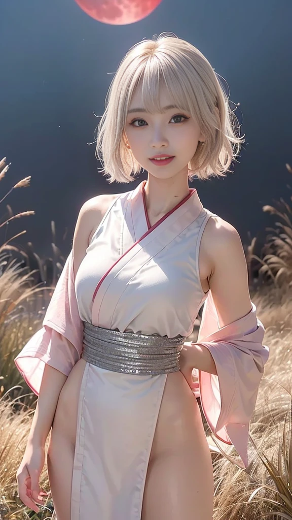 (Ultra high definition,Very sophisticated,Perfect Face,Age is 16,Highest quality,Realistic raw texture,Realistic,Natural smile,Pink platinum blonde,Sexy hairstyle:1.5),(Slender and exquisite physique,Stylish thin eyebrows:1.2),(see through,Japanese clothing,Japanese twelve-layered kimono,Bunny ears:1.4),(perfect body,perfect proportion,The torso is short,Red full moon and silver grass background,Time: Night:1.3),
