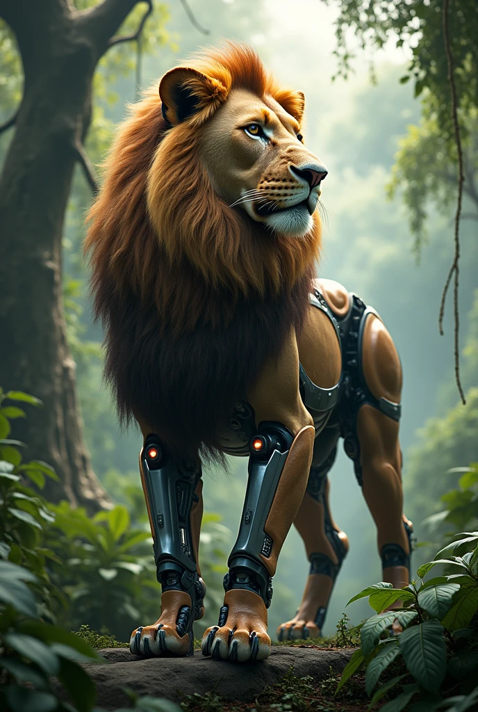A male lion in robitics dress in jungle