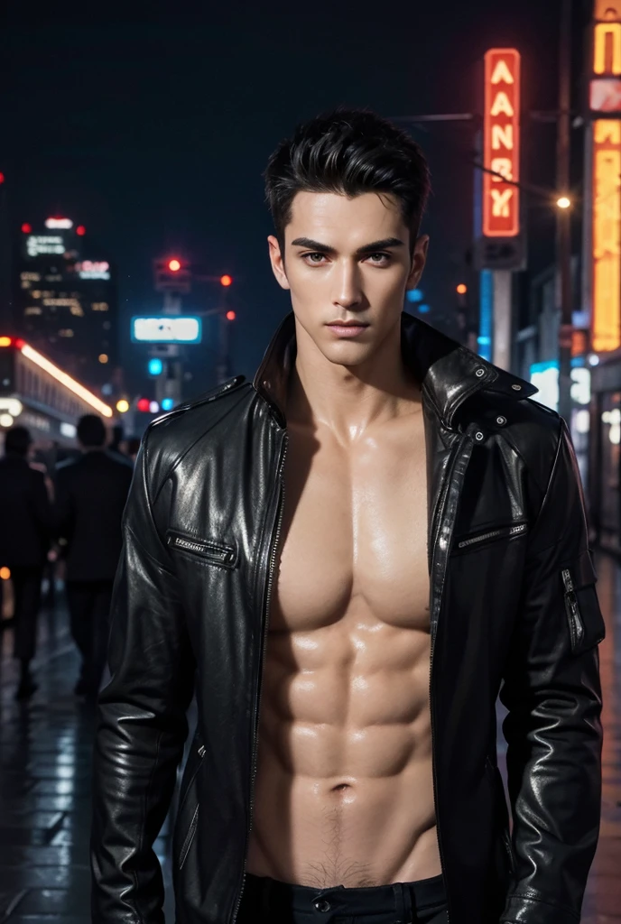 ((masterpiece)),((best quality)),((ultra high detailed)),((realistic,)), a tall handsome muscular young man, cyberpunk, solo, extremely detailed face and body, (shiny smooth skin), hot glow in his skin, perfect facial features, beautiful eyes, short hairstyle, sexy gaze, looking at the viewer romantically, open shirt, Futurist era city, architectural streets, futuristic train lines, buildings, night, European city, rainy, neon lights,