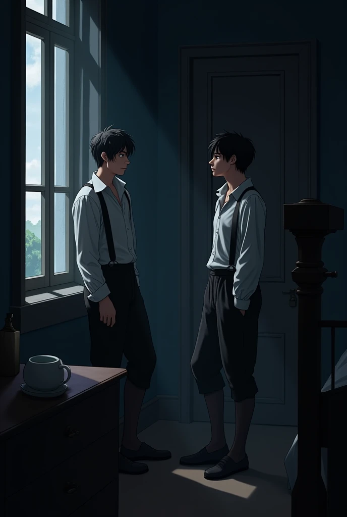 Two twin brothers with black hair and eyes, talking in a room, At night, one next to the window and the other next to the door and the bed.. Both dressed in different styles, but from the year 1824 informally.