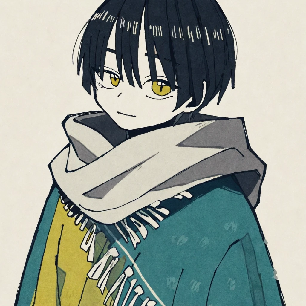 by tsvbvra, 1 boy, solo, Masterpiece, simple background, black hair ,simple background,, simple background, be smirked, heavy bangs, bangs, Plain poncho