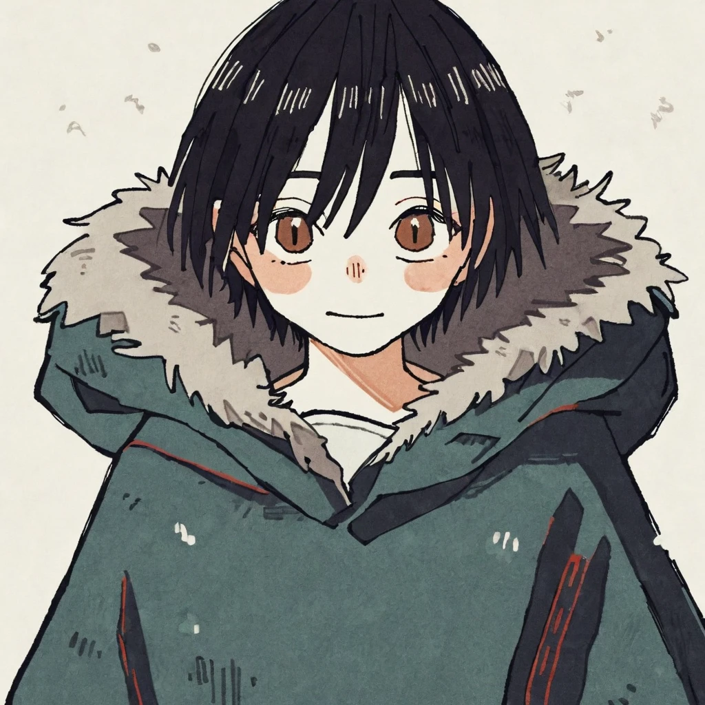 by tsvbvra, 1 boy, solo, Masterpiece, simple background, black hair ,simple background,, simple background, be smirked, heavy bangs, bangs, Plain poncho