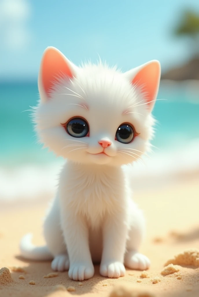 Cute white kitten pottery、White porcelain、Big head、Shiny、Midsummer Beach