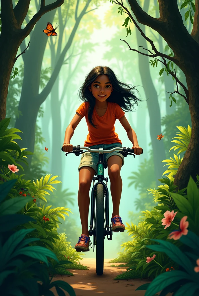 She is indian black girl and her name is raadhika and she ride bibicycle through jungle