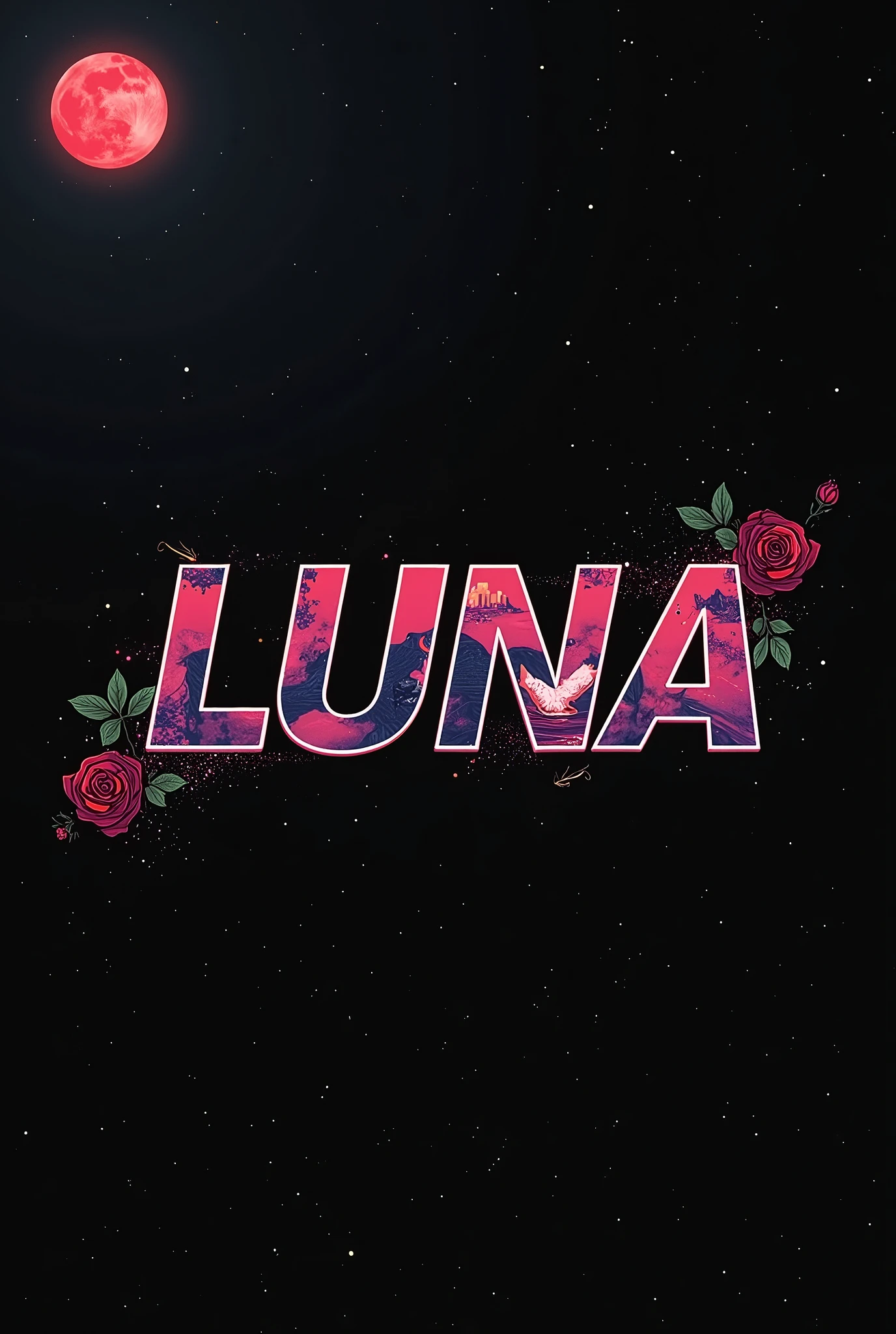 High resolution, logo spelling swiftly “Luna” cool, Jdm theme, anime theme, Cyberpunk vibe name spelling, brand logo, logo for tshirt, brand logo “LUNA”, neon vibes, acid trip vibes, acid trip, shooting stars, acid trip inside “LUNA”, acid trip, hallucinations inside “LUNA”, Waves of hallucinations, stars in the background, red strange moon, red roses with green leaves, blood moon,