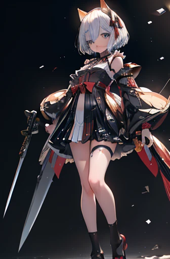 (highest quality)), ((masterpiece)), (very detailed: 1.3), 3d, {(japanese young girl)}, white theme,  (ware a scarlet hakama:1.2), wear shrine maiden anime costume, wears a futuristic Gundam mecha,(Gundam), with headgear, with v-fin , armored shoulders,armored under arms, armored under legs, (holding a Japanese sword  in the right hand:1.2),  multilayer textureperfect proportions, octane rendering, duotone lighting, Low ISO, wide aperture, White balance, Rule of thirds, ultra HD16k, HDR (High Dynamic Range), Ray Tracing, nvidia RTX, Super Resolution, Subsurface Scattering, PBR Texturing, Post Processing, Anisotropic Filtering, Depth of Field, Maximum Clarity and Clarity, High efficiency subpixel, subpixel convolution, particles of light, light scattered, Tyndall effect, full body:1.5, battle pose, cute, (cute:1.2), (bob cut:1.3),Braid, Black Hair, Thick eyebrows, Light-colored irises, Big, bright black eyes, Long eyelashes, Small, light-colored, natural lips, (Average face of Japanese idols), (The uniquely Japanese childlike face:1.3), (baby face), Wide forehead:1.2, Plump Cheeks, Small jaw, visible side boob, broken streets, Broken City,looking at viewer,Focus on the eyes