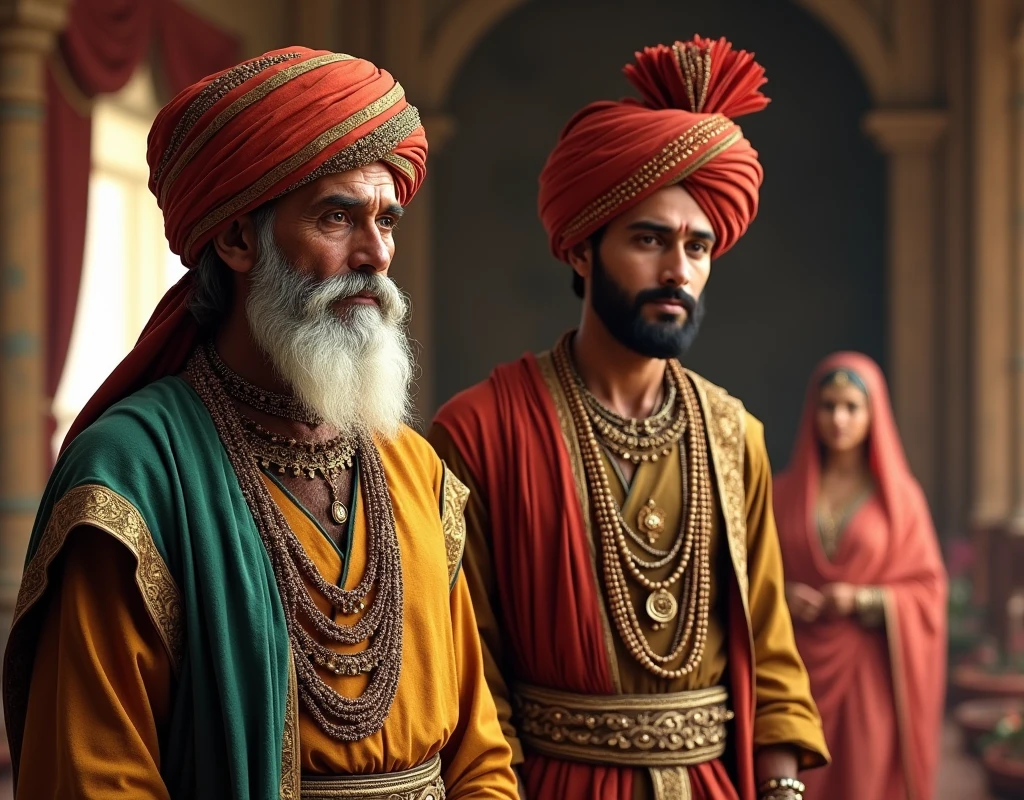 A old rajput man and a yung rajput man standing in their house , marriage a young rajput female and a male rajput warrior 