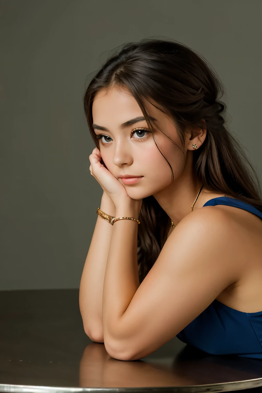 A well dressed girl extremely beautiful alone , in the foreground a small round metal table her elbow is resting on the table and she has her head resting on her hands With a single-color background