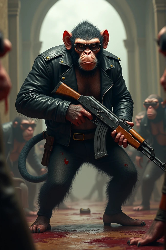 "A fierce anthropomorphic monkey, similar to the second image, wearing a black leather jacket and glasses, is standing in the center of a chaotic scene. The monkey is holding an AK-47 with a menacing expression, blood splattered on its face and jacket. The background shows a room filled with other monkeys, most of them lying on the ground, defeated. The scene is intense, with the aftermath of a brutal battle evident in the surroundings."