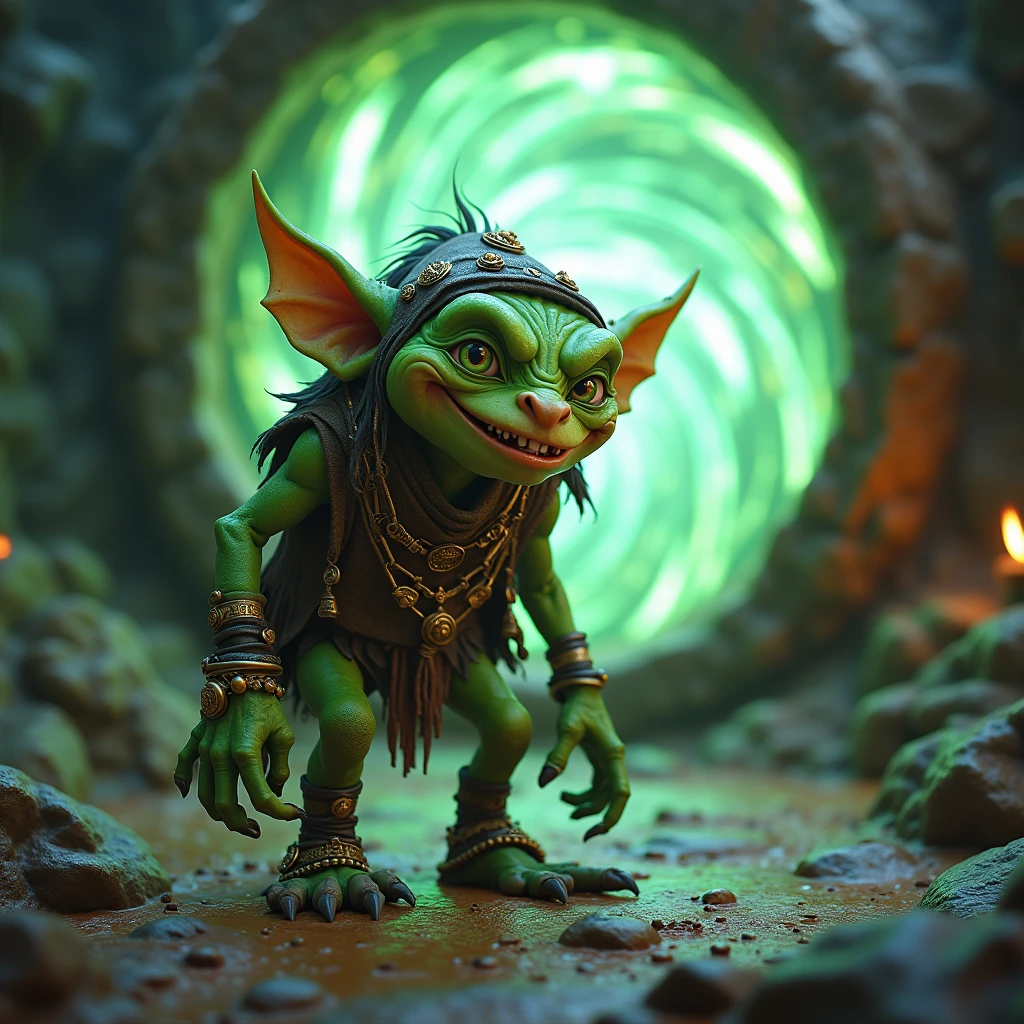 A treasure goblin from Diablo 4 and one of his portals in the background, hyper-realistic, 8k, uhd, high quality, Details, best quality, masterpiece, High resolution,