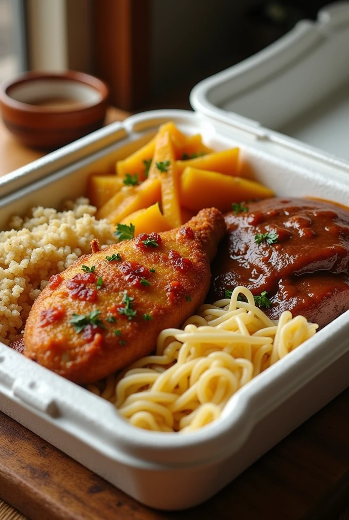 Styrofoam lunch box, tasty with chicken fillet, pot roast, noodle, braised cabbage, farofa and pumpkin