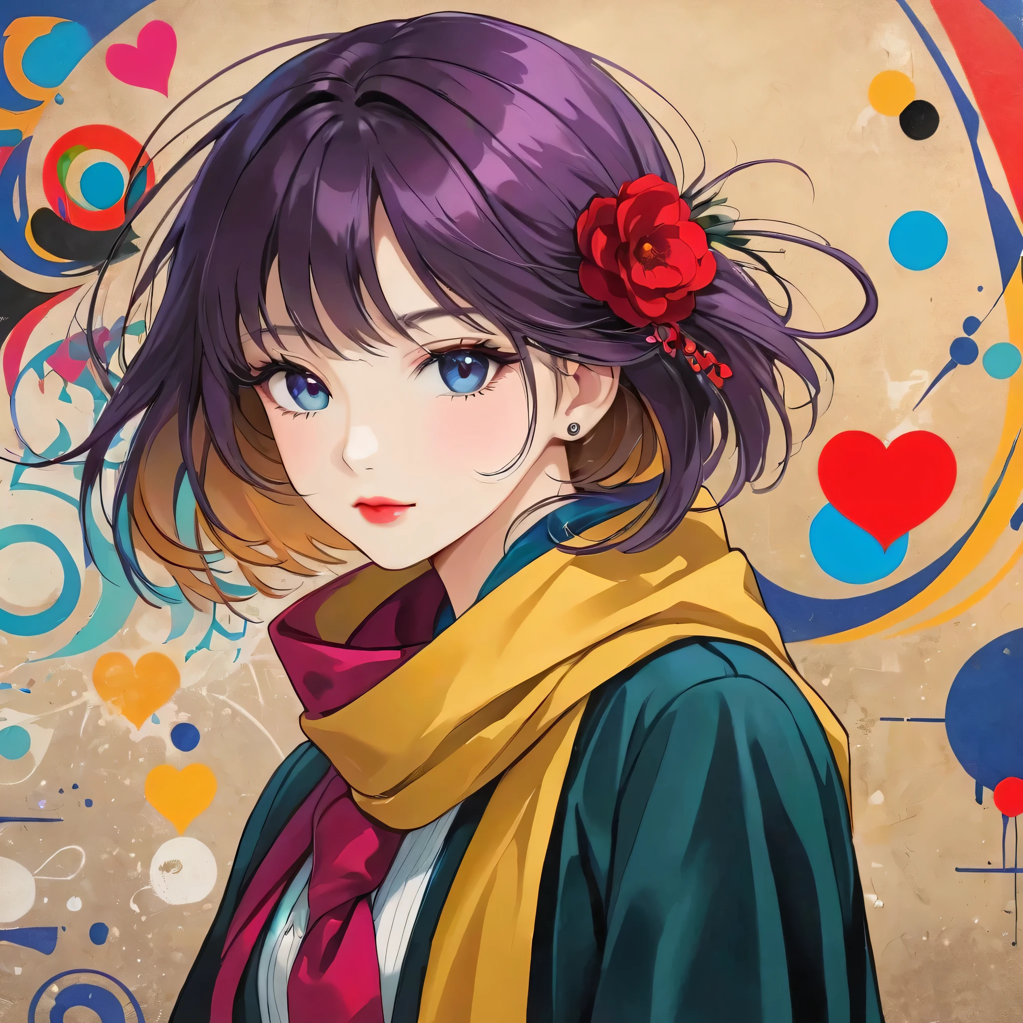 Vasily Kandinsky colorful style, Simple Line Initialism,Abstract art,(((The most beautiful girl of all time))), Lips in love, Dark Eyes, Graffiti on the wall, stylish design