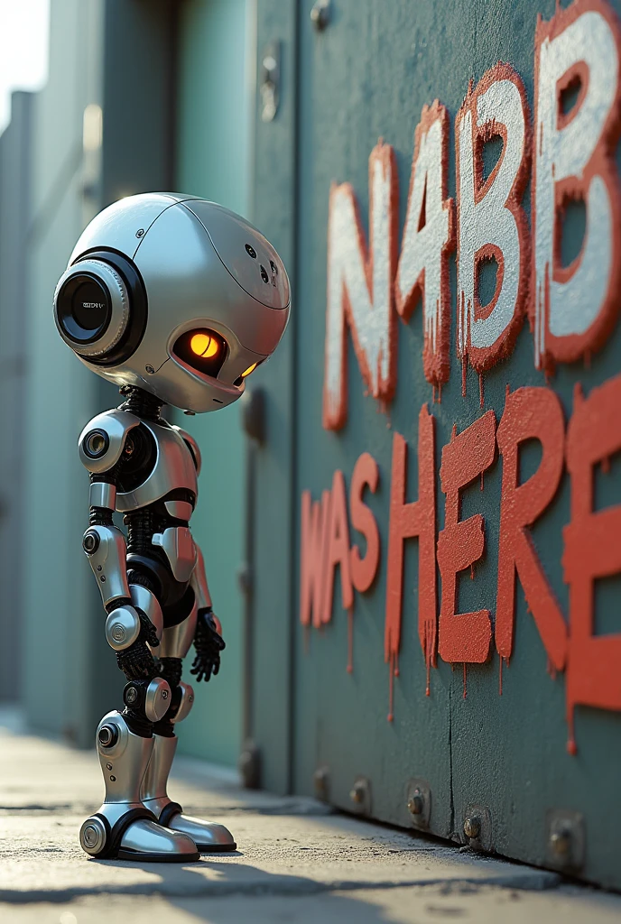 A humanoid robo boy. A quote “ N4B1B was here “ written in background capital letters.
Background quote more visible . The humanoid is in one side and the quote is in another