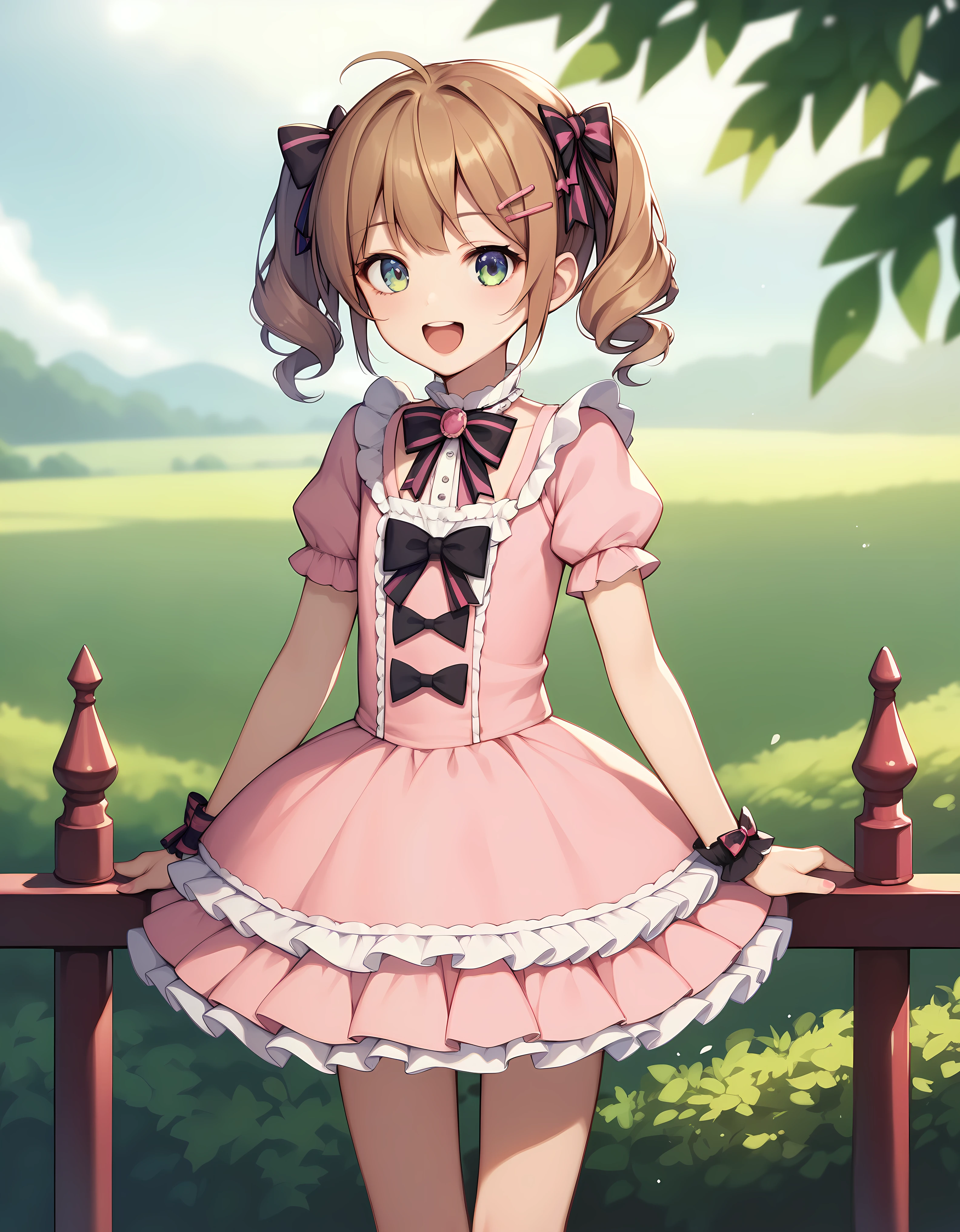 (masterpiece:1.2), best quality, highres, original, (extremely detailed:1.2), ultra-detailed, wallpaper, perfect lighting,(extremely detailed CG:1.2), 8k, anime illustration, HD, cute, kawaii, 1boy, crossdressing, solo, tomgirl, (tall height, 180cm height:1.3), brown hair, open the mouth, laughing, happy, hairclip:1.1), (Lolita Fashion, short sleeves, pink dress, mini dress, delicate dress, ruffles hemline, ribbon on dress, flat chest, breastless:1.2), thighs, standing, looking at viewer, frontal, outdoor, sunny