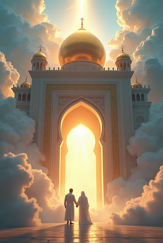 A giant and huge Arab palace on the back of the clouds in the sky and lots of lights and lights and giant clouds and a Muslim man holding the hand of another man and entering him from the door of the giant palace.
High accuracy, Ultra-high-resolution display, Very detailed, luster, halo on head, color deviation, glowing light, Rays of God, A picture of bliss.