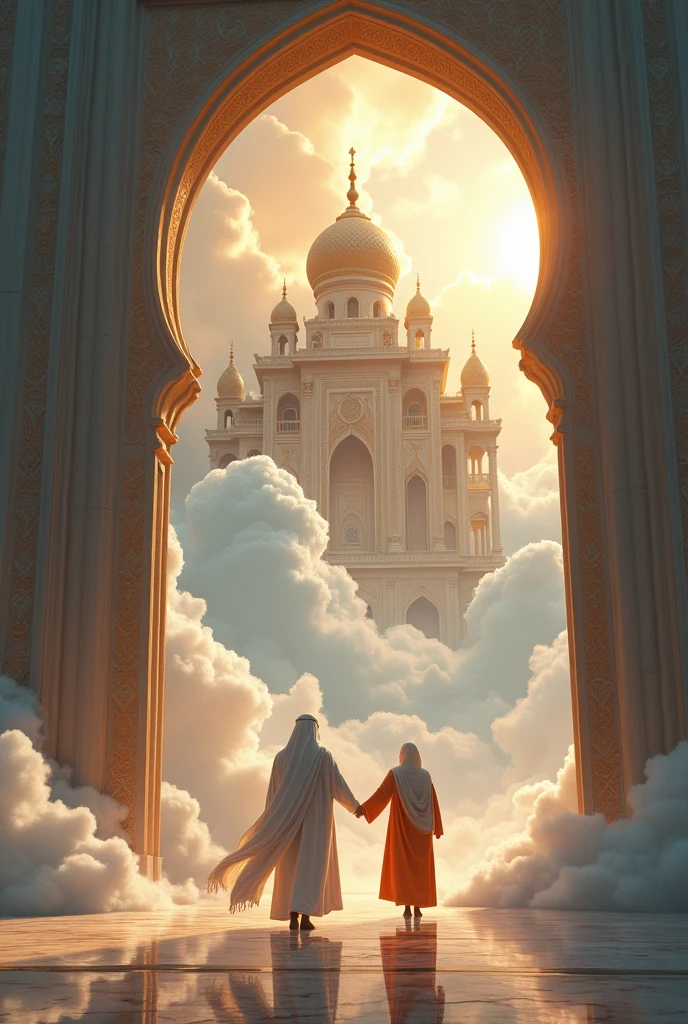 A giant and huge Arab palace on the back of the clouds in the sky and lots of lights and lights and giant clouds and a Muslim man holding the hand of another man and entering him from the door of the giant palace.
High accuracy, Ultra-high-resolution display, Very detailed, luster, halo on head, color deviation, glowing light, Rays of God, A picture of bliss.