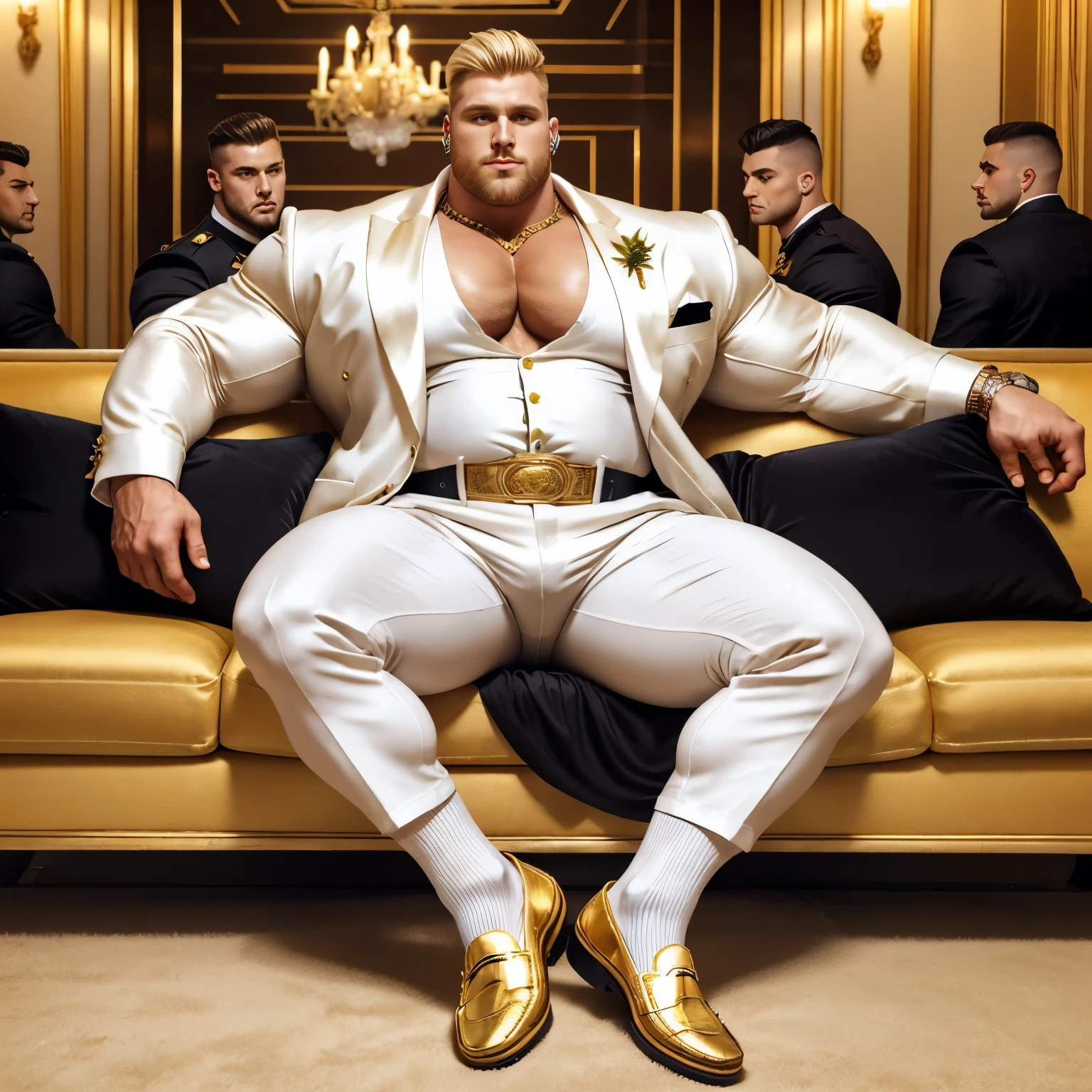 Full view, a big blond guy obese leader of the gang, fashion undercut cut with spikes, very well dressed in a white tuxedo, satin shirt, lots of gold rings and jewelry, piercings, white silk socks, white velvet loafers with gold patches, drinks whiskey, completely lying on a sofa, arrogant, surrounded by bodyguards in commando outfits and very chic young women, In a very chic nightclub, you have to see his loafers and socks