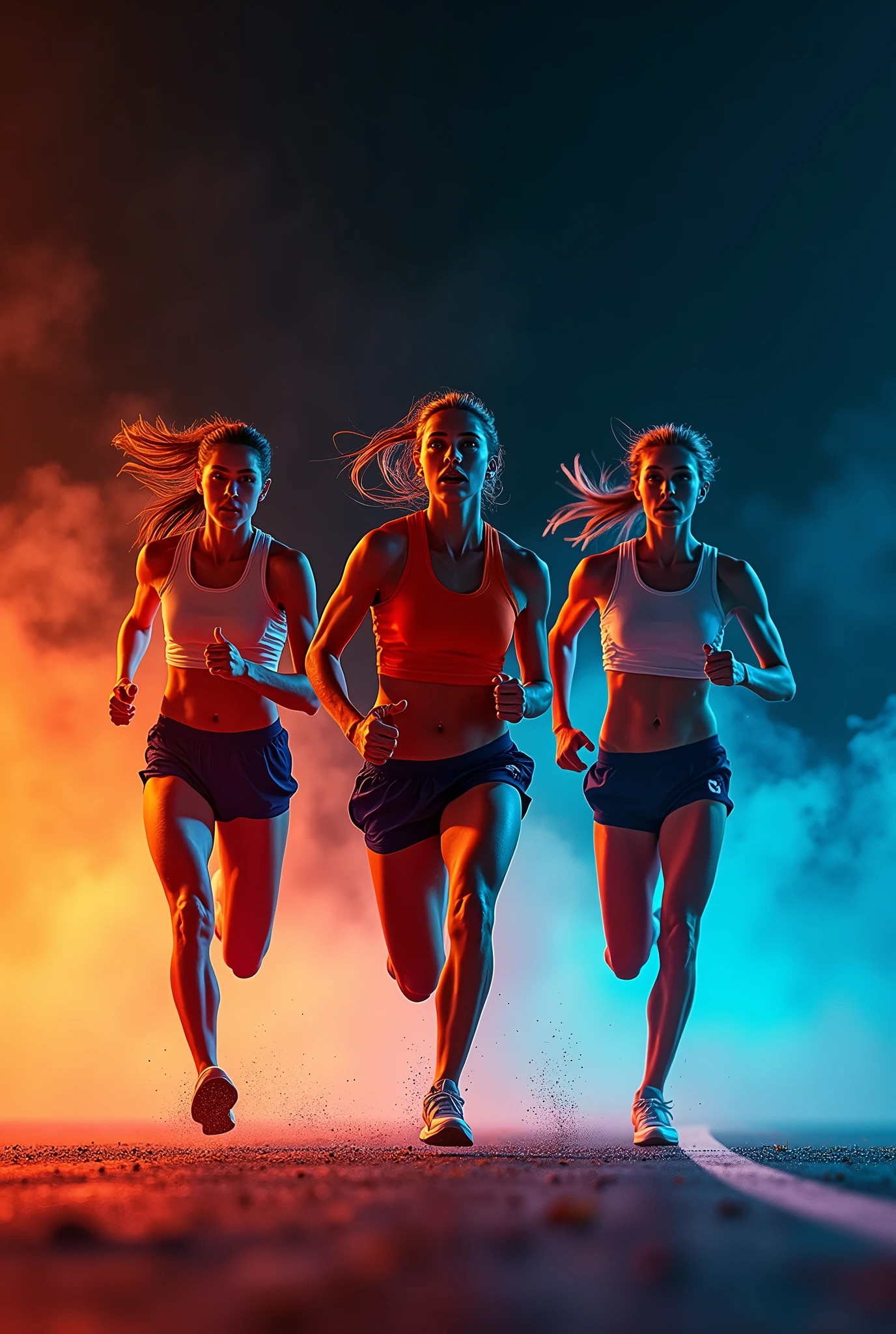 A dynamic and artistic representation of a female athlete in the midst of a sprint. The athlete is captured in three distinct phases of her run, with each phase overlaid with vibrant, contrasting colors. The left side of the image is dominated by warm hues of orange and red, while the right side is cooler with shades of blue. The athlete's figures are prominently featured, with each phase showing a different expression and focus. The background is dark, emphasizing the athlete and the colors that blend seamlessly with his form., vibrant, 3d render, cinematic, poster, ukiyo-e
