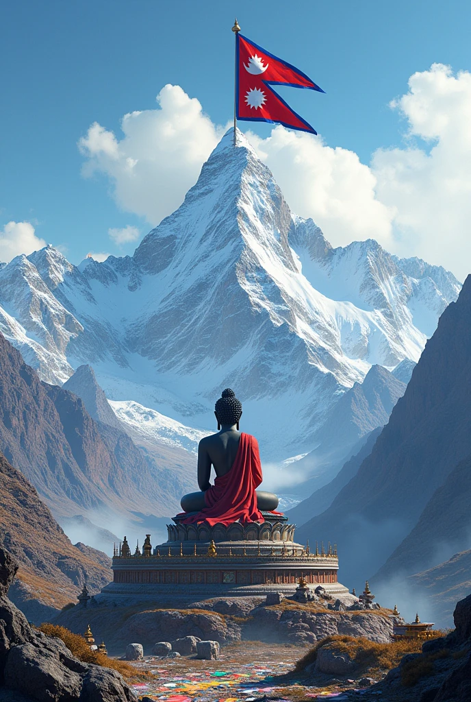 please generate the photo having Mt.Everest in the background and in the top of that there Nepal's flag and at the base Gautam Buddha and the cultural and religious diversities the identifying symbols of Nepal