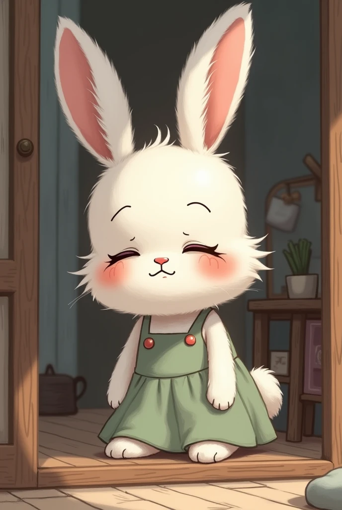 A little white bunny wearing female cloths with a sad face in her house cartoon style