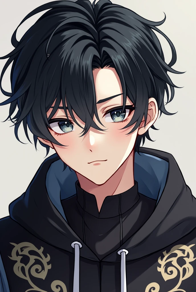 A chinese handsome man. Black and grey eyes. Black hair with grey and white locks. Messy hair. Long lashes. Anime. Chinese Hoodsweater. Beautiful facial features.
