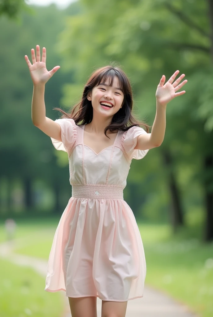 Whole body, jump, (lol: 1.3), smile, 8k UHD, RAW photo, Japanese beautiful girl, small breasts, (actual: 1.3), (high resolution: 1.4), (details: 1.5), (real: 1.7) , masterpiece, RAW photo, art portrait photo, beautiful girl similar to Suzu Hirose, outdoors