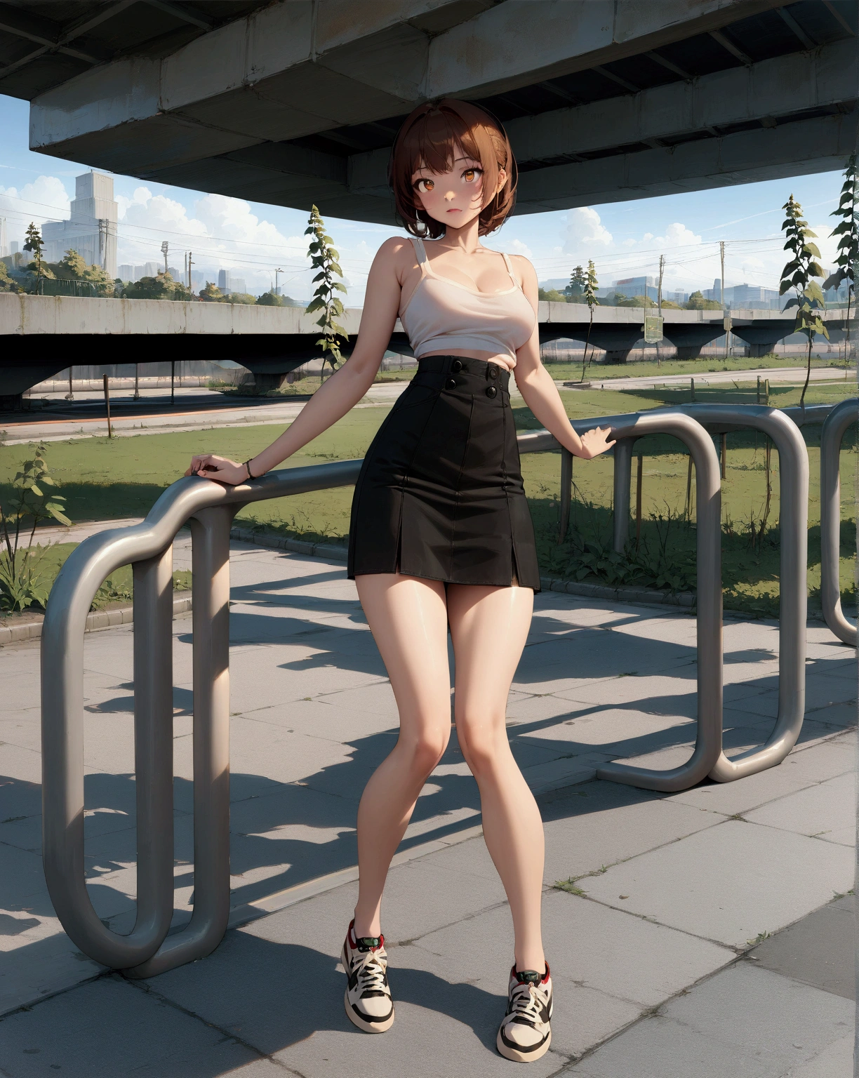 realistic anime illustration of brown long pixie cut young woman is posing at park under the highway, wears white tank top, black denim pencil cargo skirt, black sneakers, (1girl, solo, full body), (masterpiece, best quality, japanese anime style), (expressive eyes, perfect face, perfect body)