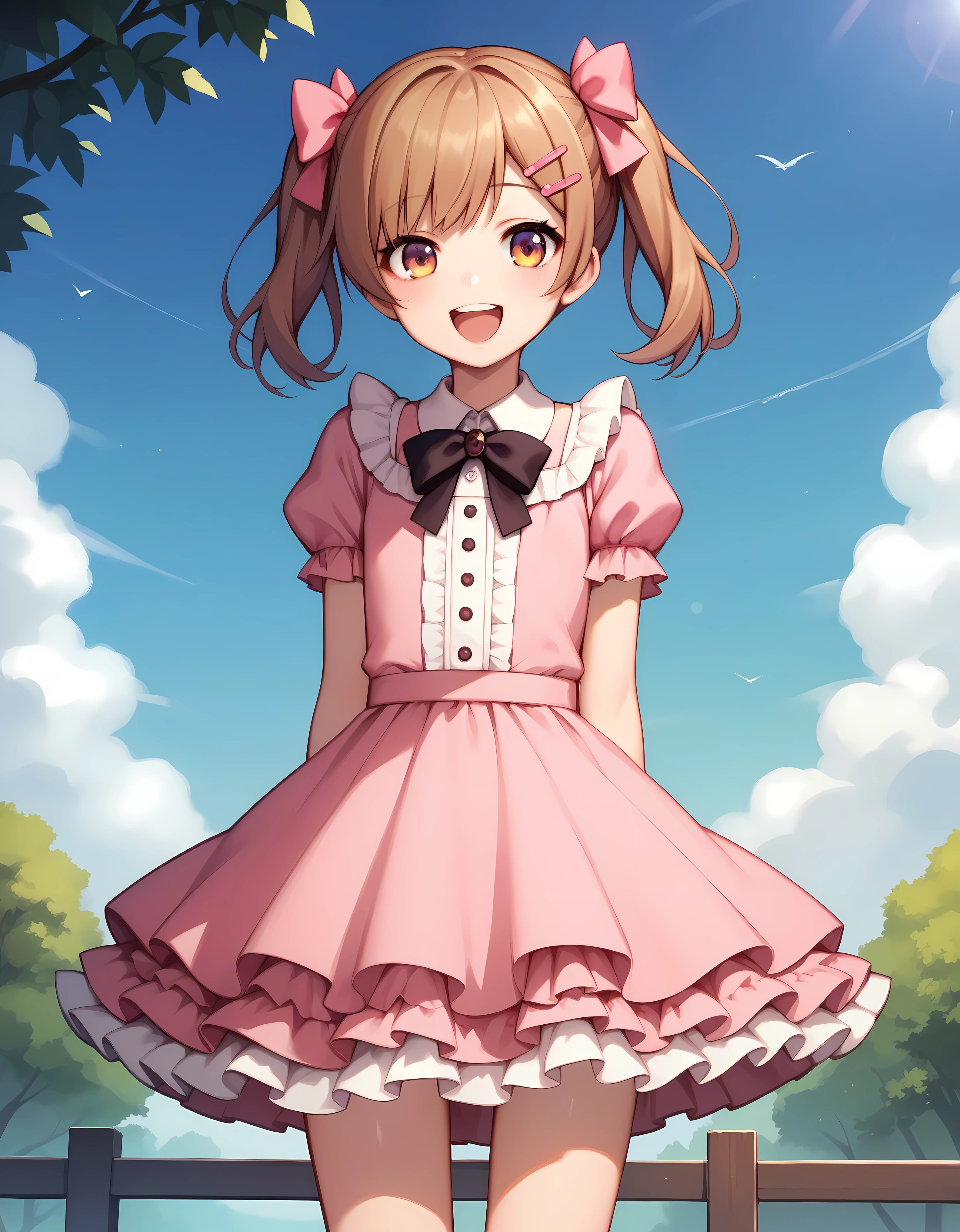 (masterpiece:1.2), best quality, highres, original, (extremely detailed:1.2), ultra-detailed, wallpaper, perfect lighting,(extremely detailed CG:1.2), 8k, anime illustration, HD, cute, kawaii, 1boy, crossdressing, solo, tomgirl, (tall height, 180cm height:1.3), brown hair, open the mouth, laughing, happy, hairclip:1.1), (Lolita Fashion, short sleeves, pink dress, mini dress, delicate dress, ruffles hemline, ribbon on dress, flat chest, breastless:1.2), thighs, standing, looking at viewer, frontal, outdoor, sunny