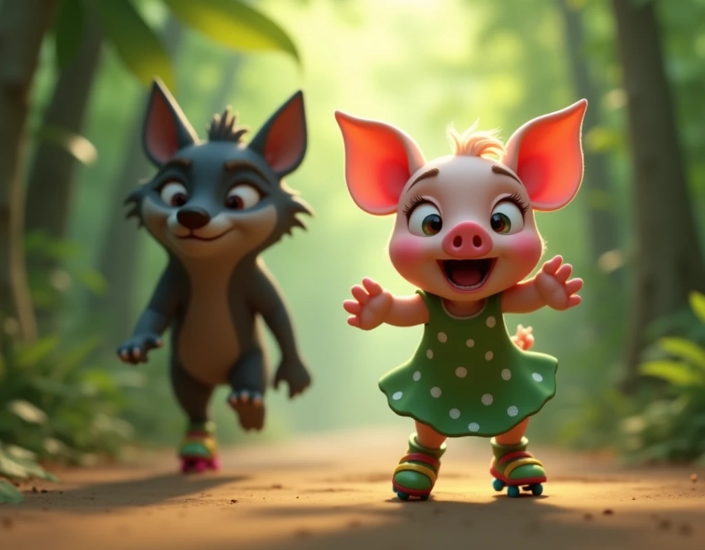 pixar style, 3d, 1scared cute piglet and 1black wolf, cute piglet is in front and on right side wearing green dress with white polka dots, piglet is screaming in fear, piglet is taking a selfie from her camera, piglet is moving fast on roller skates in a jungle, black wolf is on the left side, wolf is behind the piglet and chasing, game button art, Game illustration, lovely digital painting, artstation for art, Official artwork, key art, mobile game art, cover game art, zootopia concept art, (soft lighting:1.3), (green and earthy color scheme:1.3), (highly detailed), (ultra quality:1.3), (masterpiece), (digital art), 8K resolution, HDR, depth of field, (soft shadows), (photorealistic:1.3), (animation:1.2), (by Greg Rutkowski:0.9), (in the style of Alphonse Mucha), trending on ArtStation, award-winning art, 3d style