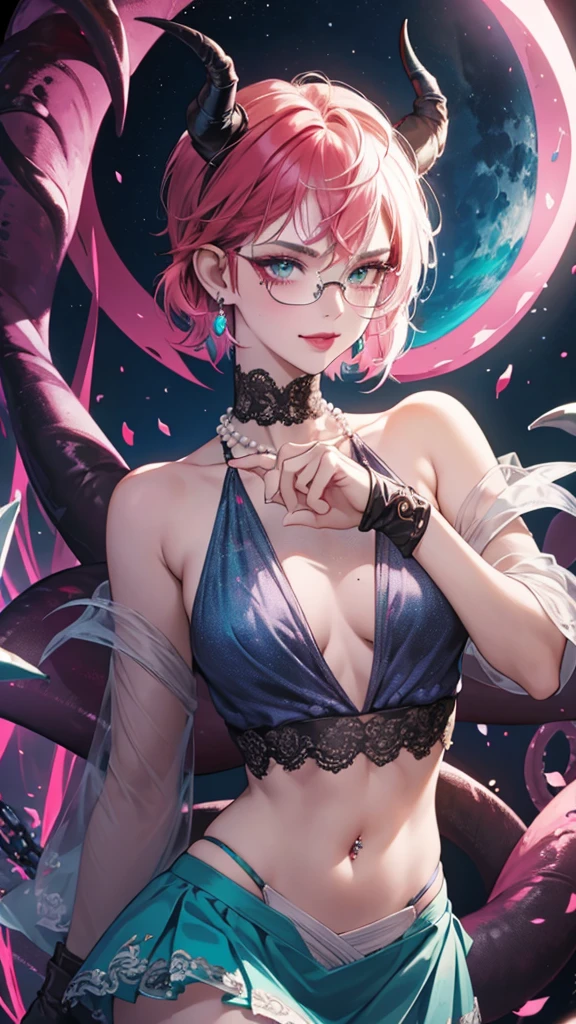 8k, masterpiece, best quality, highly detailed, 1 girl, tiefling, warlock, pixie cut, multicolored hair, very short straight hair red highlight hair on white hair, strippled hair, wearing glasses, round glasses, earrings, navel piercing, red eyeshadow, long eyelashes, blushed cheek, red lips, pearl necklace, rings, collarbone, mole on face, glamorous, teal and pink clothes, sleeveless, miniskirt, smirk, close up view, rings, looking at viewer, demon horns, solo, starry sky, pale blue moon, standing, demonic arms, chains on the background, black lace gloves, tentacles, orbs.